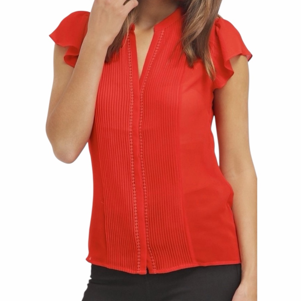 H&M Pleated Button-Up V-Neck Blouse / Shell Top w/ Flutter Sleeves